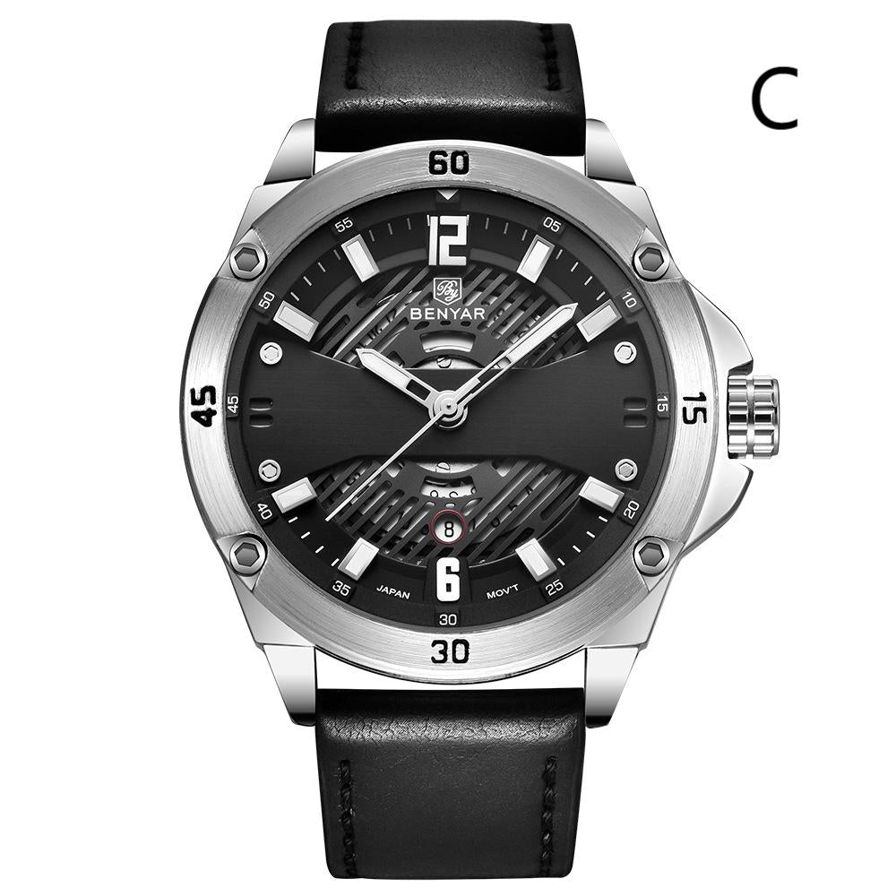 Men's Quartz Watch with Luminous, Calendar, and Hollow Design