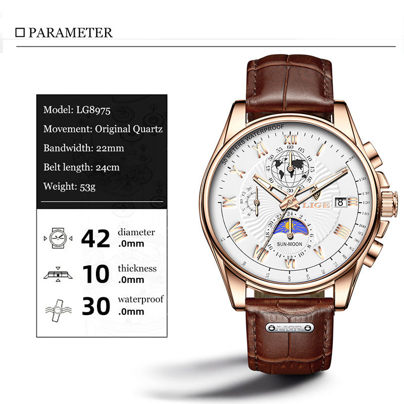 LIGE Men's Quartz Watch with Leather Strap and Moon Phase