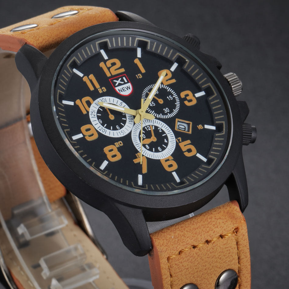 Men's Quartz Watch with Leather Band and Calendar