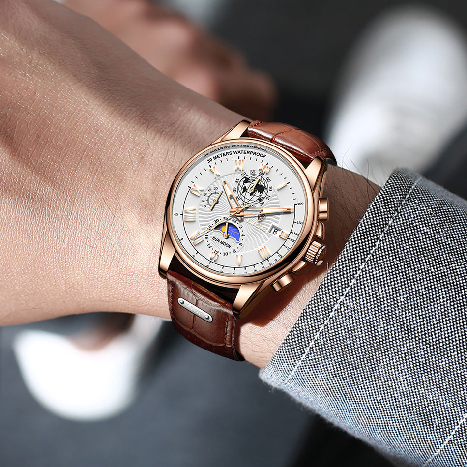 LIGE Men's Quartz Watch with Leather Strap and Moon Phase
