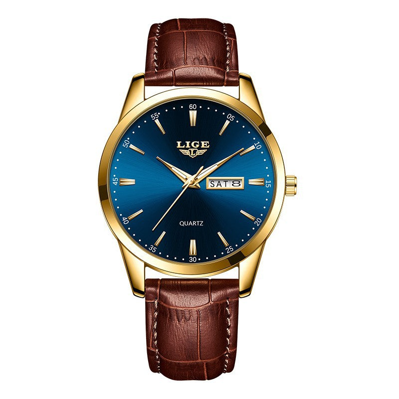 LIGE Men's Quartz Watch with Dual Calendar and Waterproof