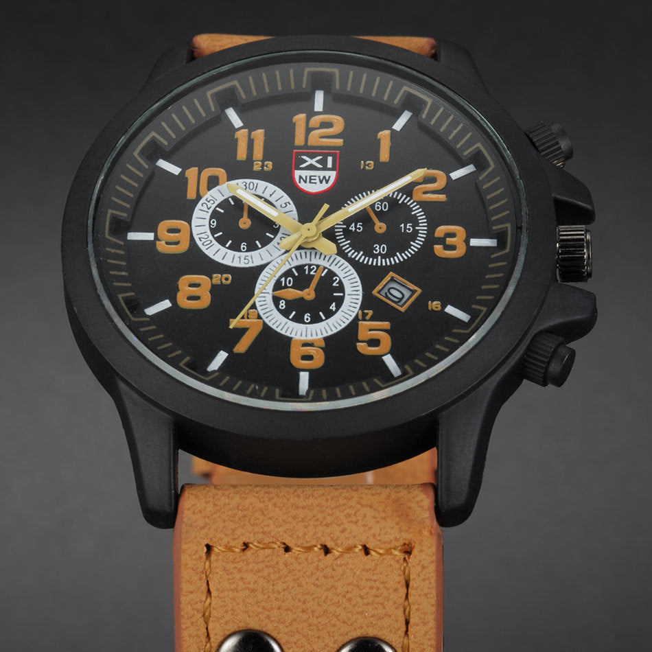 Men's Quartz Watch with Leather Band and Calendar