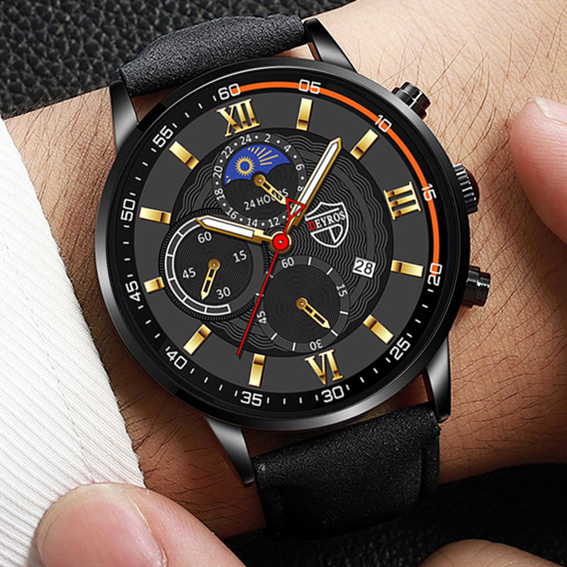 Men's Fashion Sports Leather Quartz Calendar Watch
