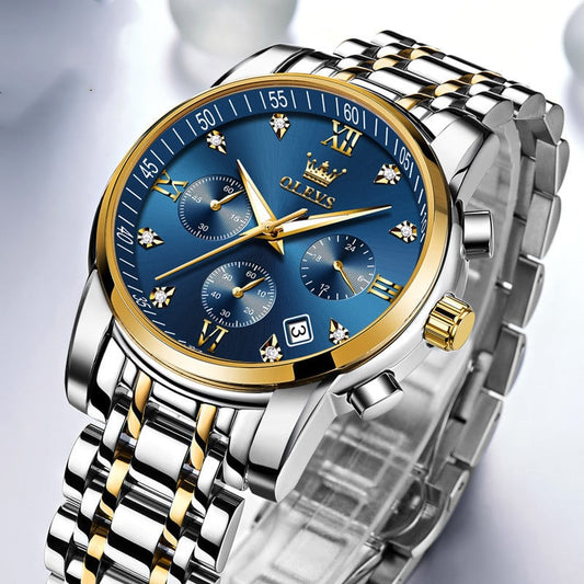 Luxury Men's Chronograph Waterproof Quartz Watch with Blue Dial