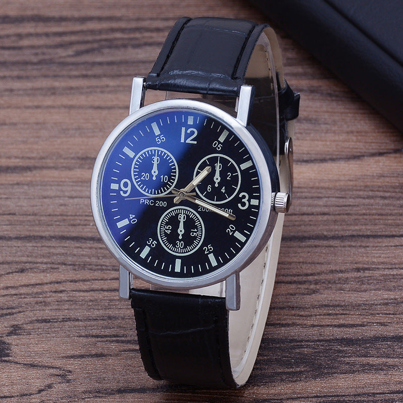 Men's Quartz Watch with Leather Strap and Blue Glass