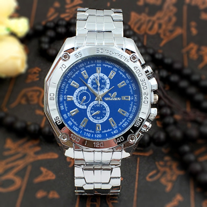 Men's Quartz Watch with Blue Dial and Steel Band