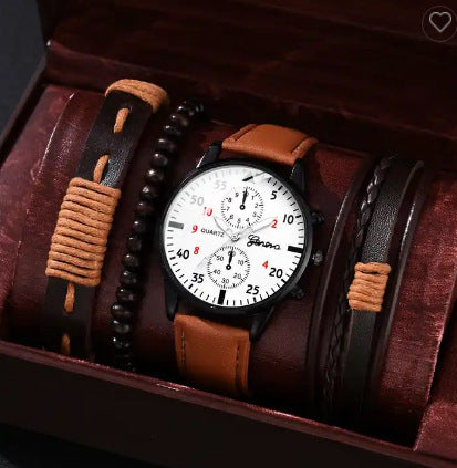 Men's Quartz Watch and PU Bracelet Set with Calendar