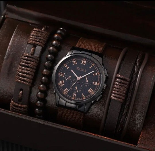 Men's Quartz Watch and PU Bracelet Set with Calendar