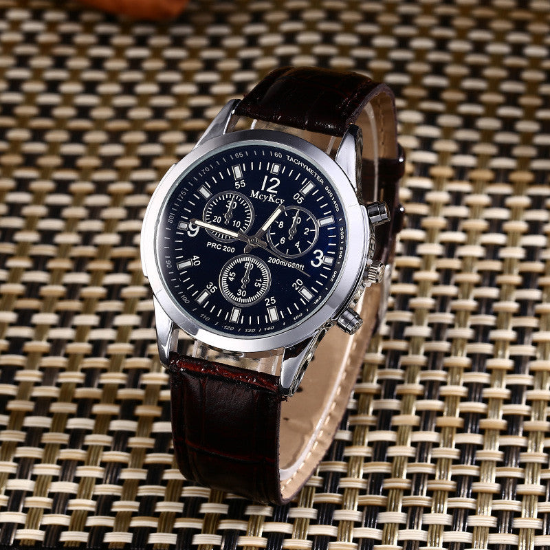 Men's Quartz Watch with Blue Light Glass and Leather Band