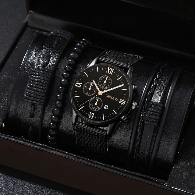 Men's Quartz Watch and PU Bracelet Set with Calendar