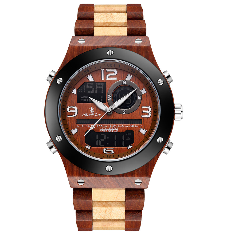 Dual Display Men's Quartz Watch with Wooden Design