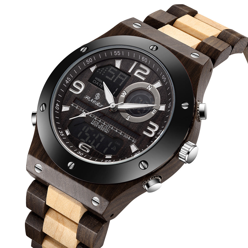 Dual Display Men's Quartz Watch with Wooden Design