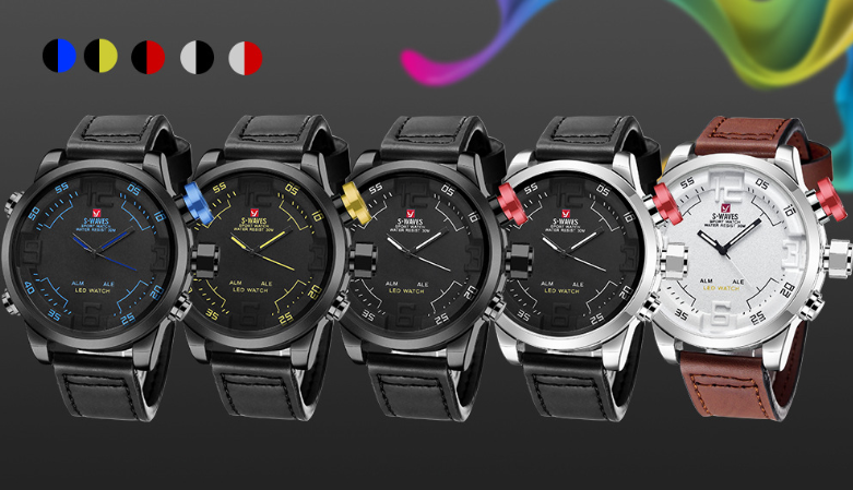 WAVES Men's Quartz Watch with LED and Leather Band