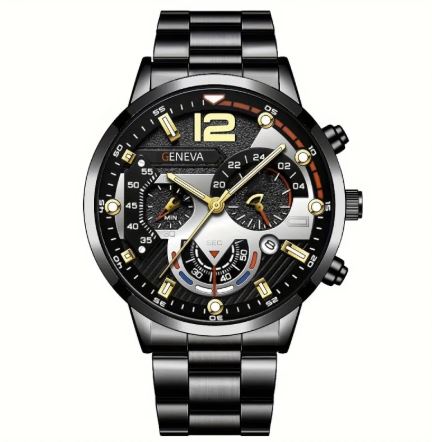 2pcs Men's Steel Quartz Watch & Bracelet Set