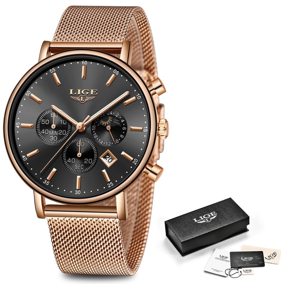 LIGE Men's Waterproof Quartz Moon Phase Sport Watch