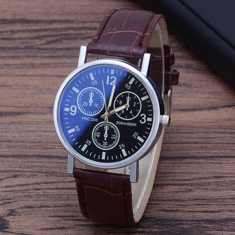 Men's Quartz Watch with Leather Strap and Blue Glass