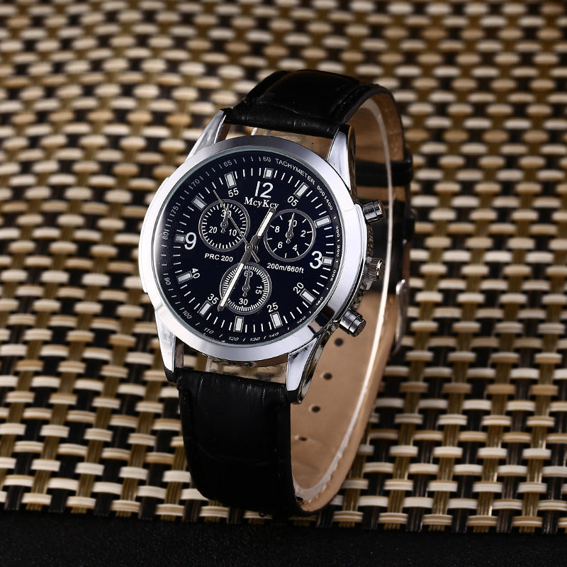Men's Quartz Watch with Blue Light Glass and Leather Band