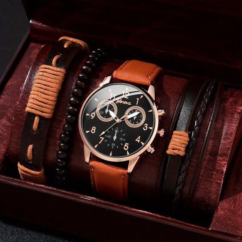 Men's Quartz Watch and PU Bracelet Set with Calendar
