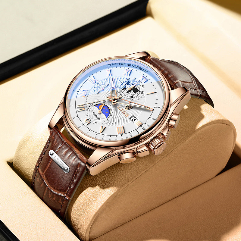 LIGE Men's Quartz Watch with Leather Strap and Moon Phase