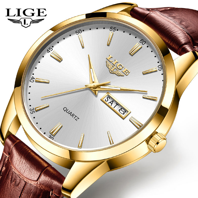 LIGE Men's Quartz Watch with Dual Calendar and Waterproof