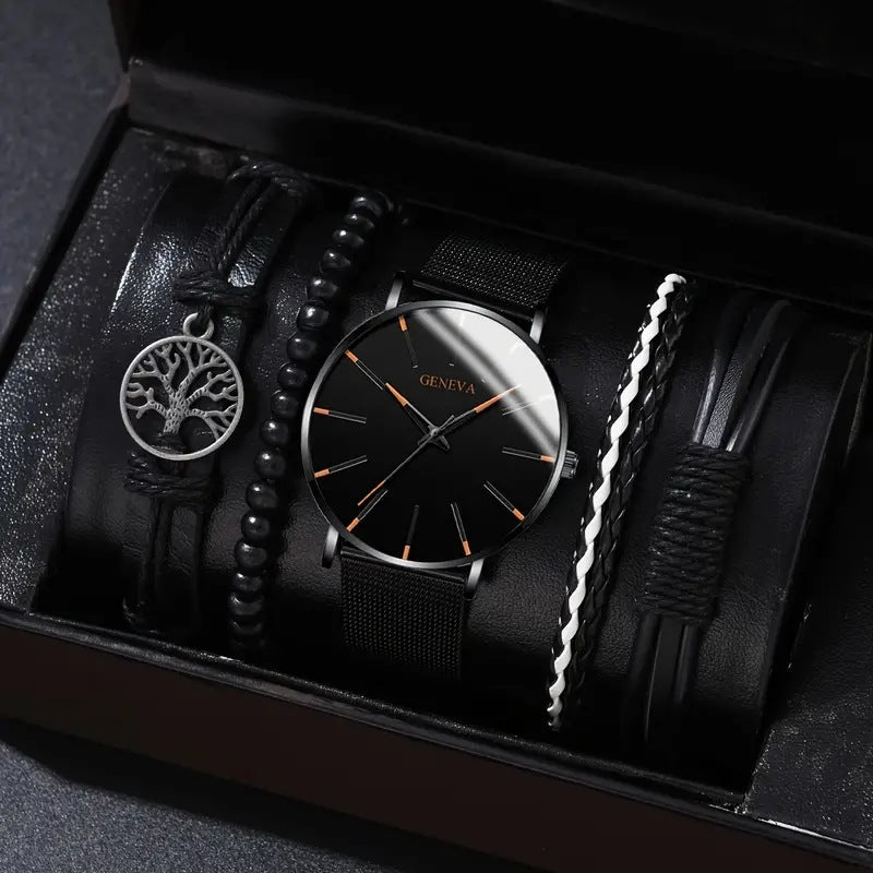 Men's Quartz Watch and PU Bracelet Set with Calendar