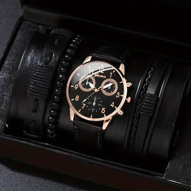 Men's Quartz Watch and PU Bracelet Set with Calendar