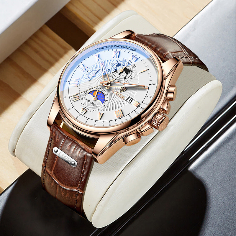 LIGE Men's Quartz Watch with Leather Strap and Moon Phase