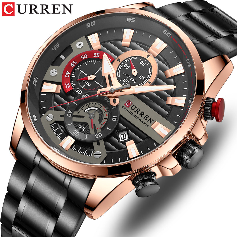 Gurren Men's Quartz Watch with Calendar and Steel Band
