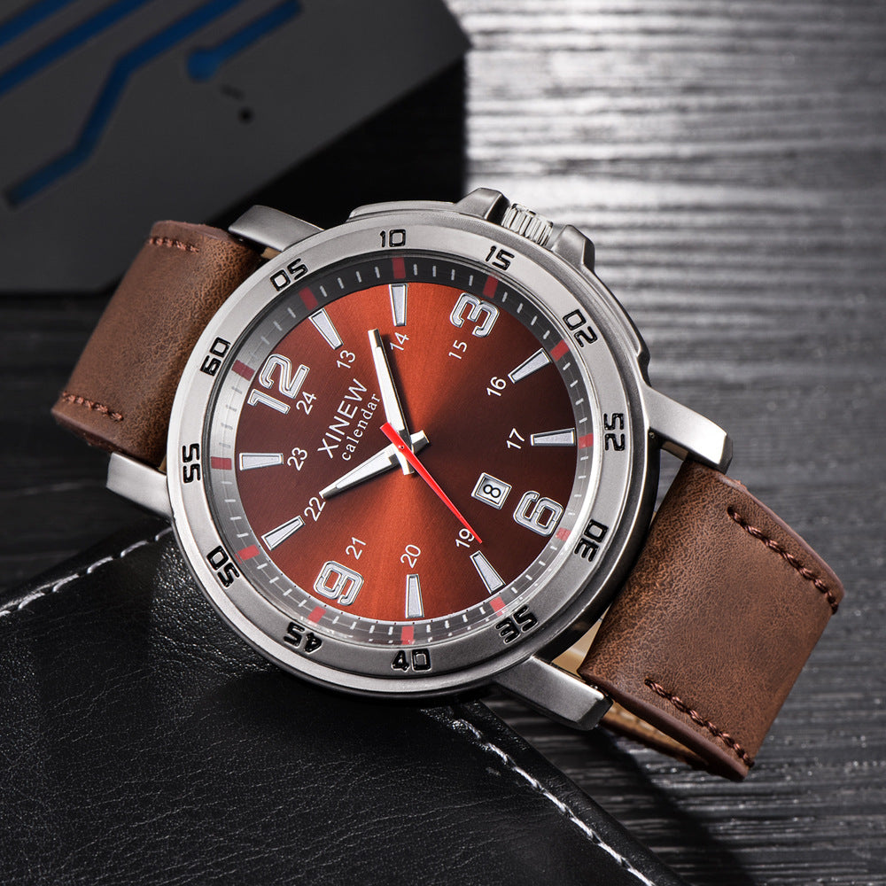Men's Leather Belt, Calendar Watch, Quartz Timepiece