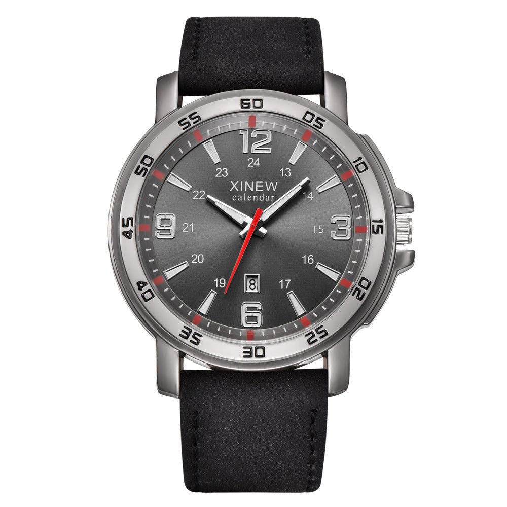 Men's Leather Belt, Calendar Watch, Quartz Timepiece