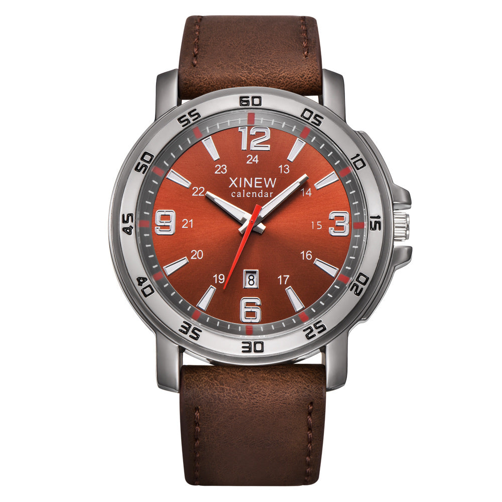 Men's Leather Belt, Calendar Watch, Quartz Timepiece
