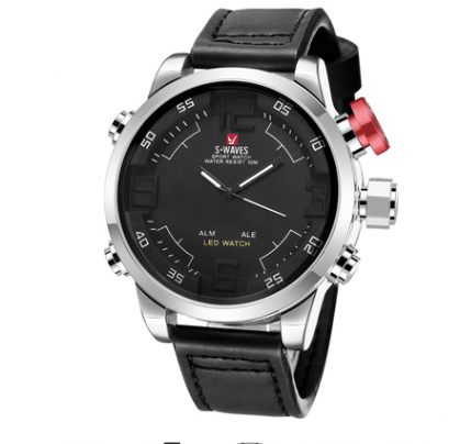 WAVES Men's Quartz Watch with LED and Leather Band
