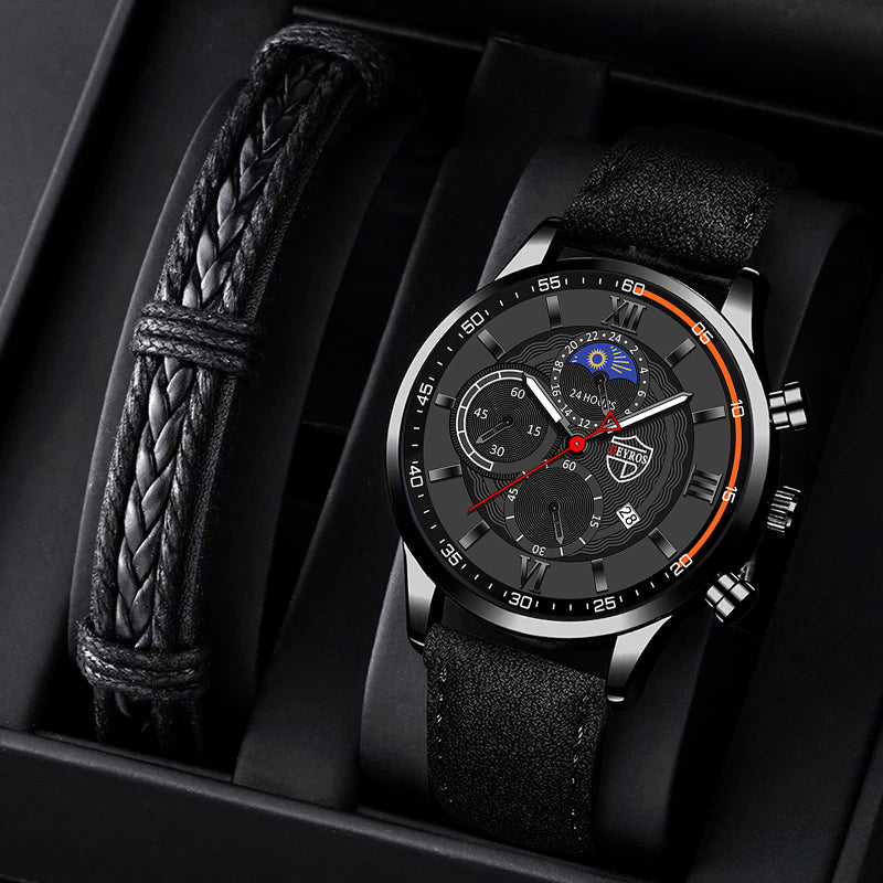 Men's Fashion Sports Leather Quartz Calendar Watch