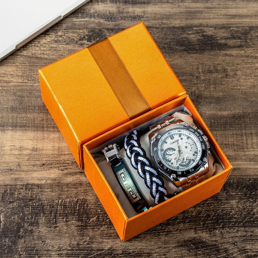 Men's Fashion Steel Band Quartz Watch and Bracelet Set