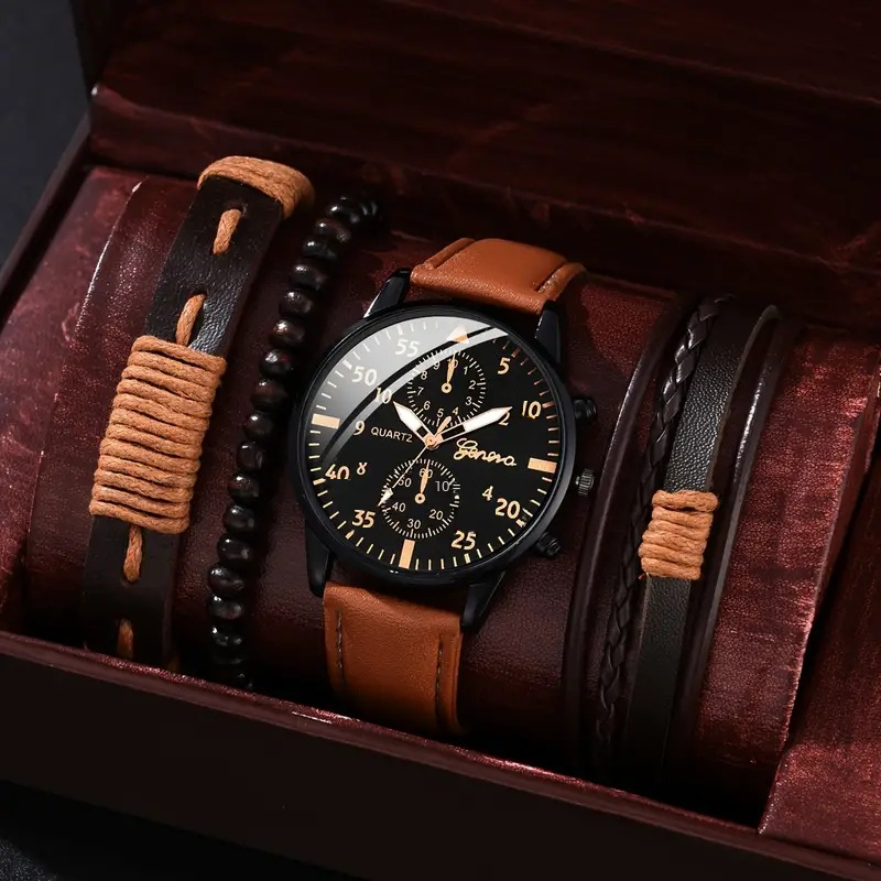 Men's Quartz Watch and PU Bracelet Set with Calendar