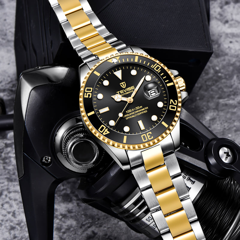TEVISE Men's Quartz Watch with Green Dial and Calendar