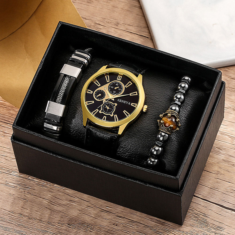 Men's Quartz Watch and PU Bracelet Set with Calendar