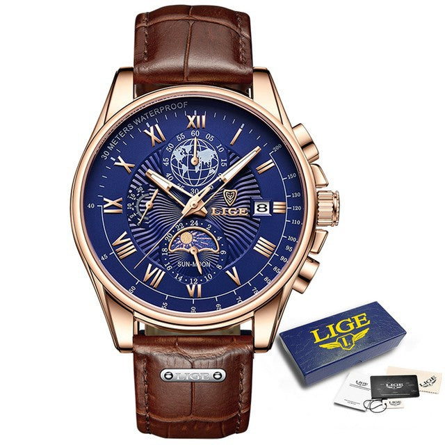 LIGE Men's Quartz Watch with Leather Strap and Moon Phase