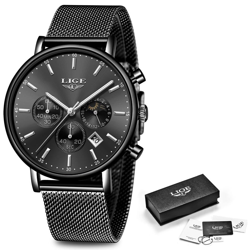 LIGE Men's Waterproof Quartz Moon Phase Sport Watch