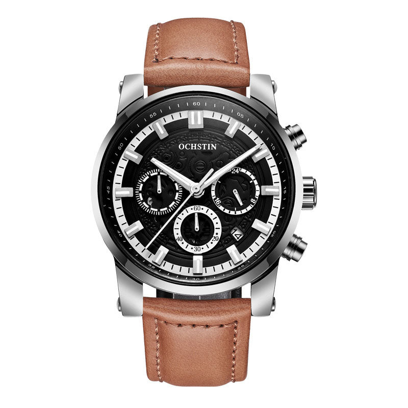 Men's Quartz Watch with Waterproof Leather Strap