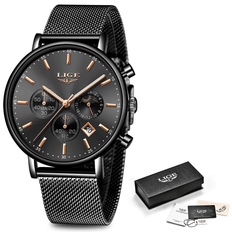 LIGE Men's Waterproof Quartz Moon Phase Sport Watch