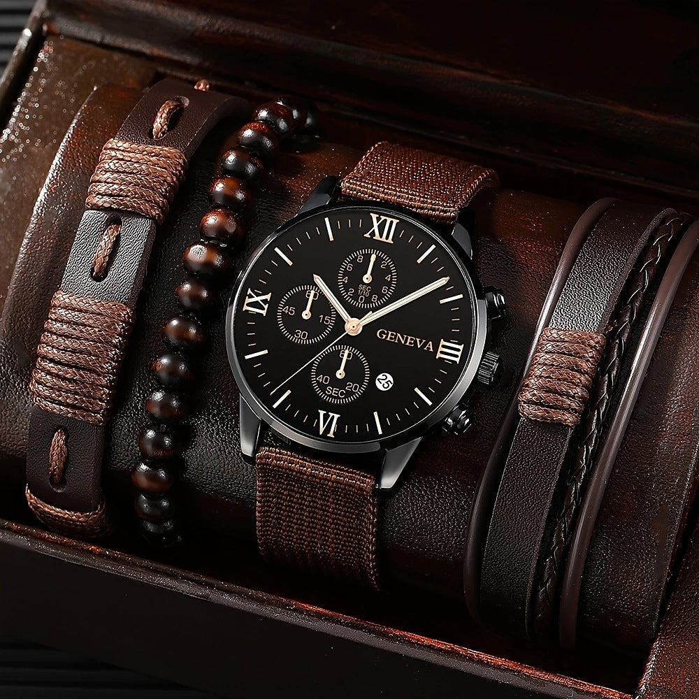 Men's Quartz Watch and PU Bracelet Set with Calendar