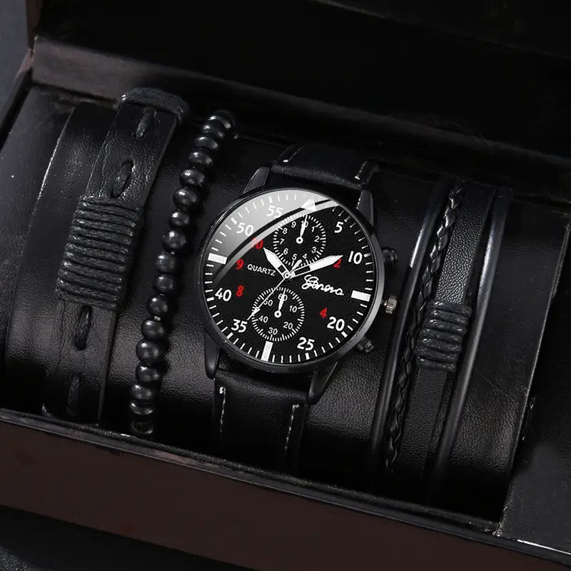 Men's Quartz Watch and PU Bracelet Set with Calendar