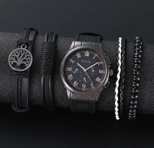 Men's Quartz Watch and PU Bracelet Set with Calendar