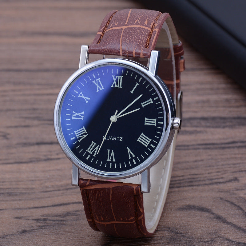 Men's Quartz Watch with Leather Strap and Blue Glass