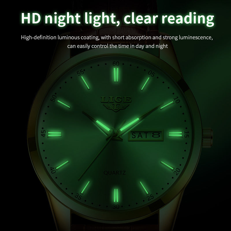 LIGE Men's Quartz Watch with Dual Calendar and Waterproof