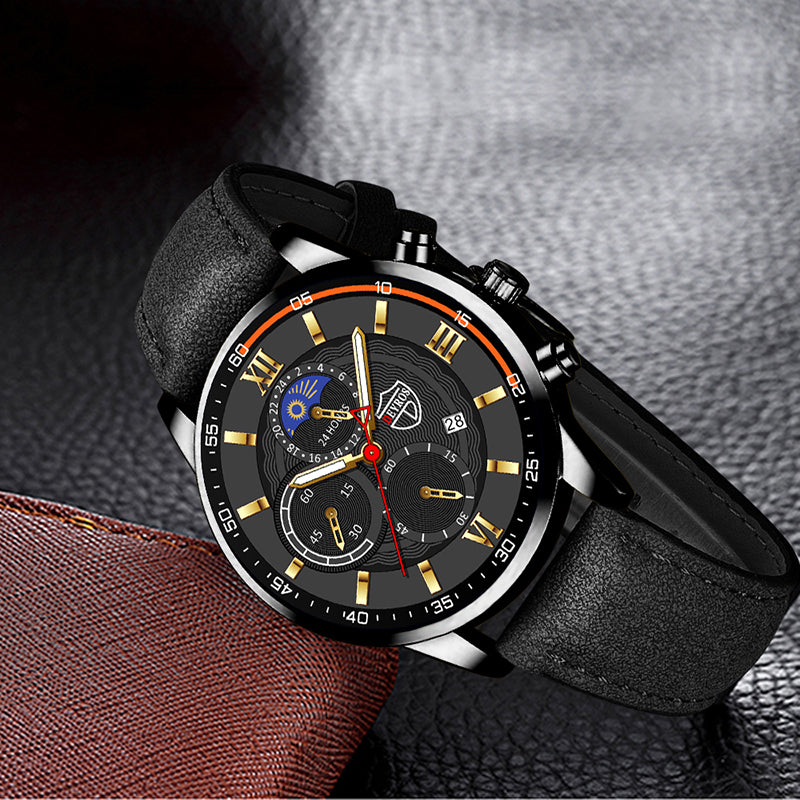 Men's Fashion Sports Leather Quartz Calendar Watch