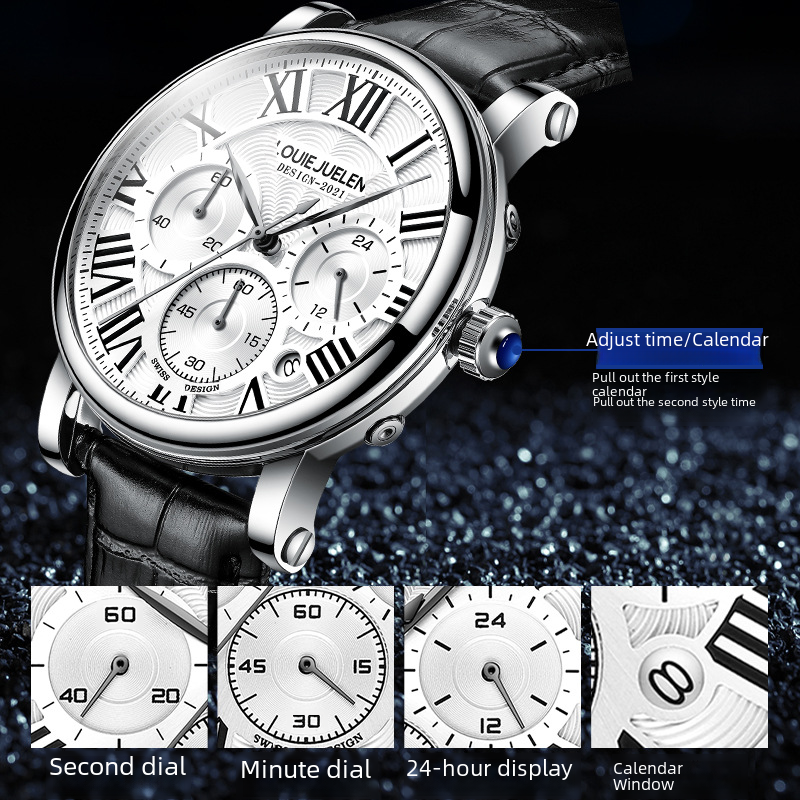 Multi-Functional Waterproof Men's Quartz Watch with Leather Band