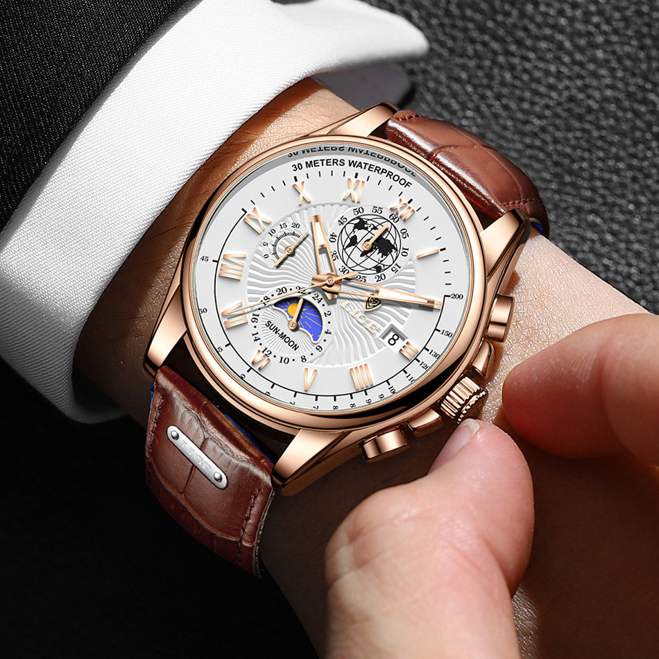 LIGE Men's Quartz Watch with Leather Strap and Moon Phase