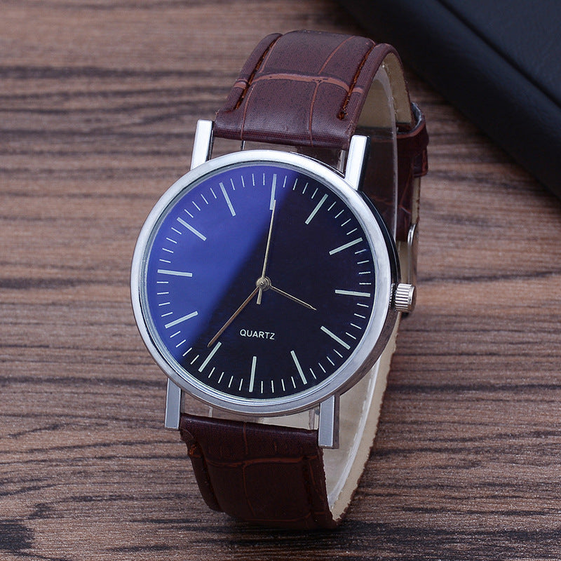 Men's Quartz Watch with Leather Strap and Blue Glass